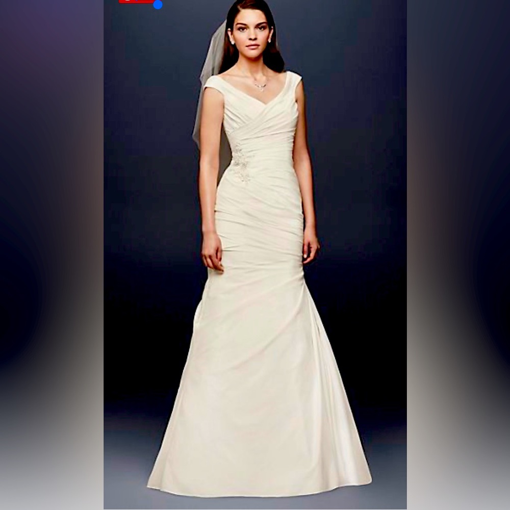 draped taffeta v-neck wedding dress with appliqué and storage bag